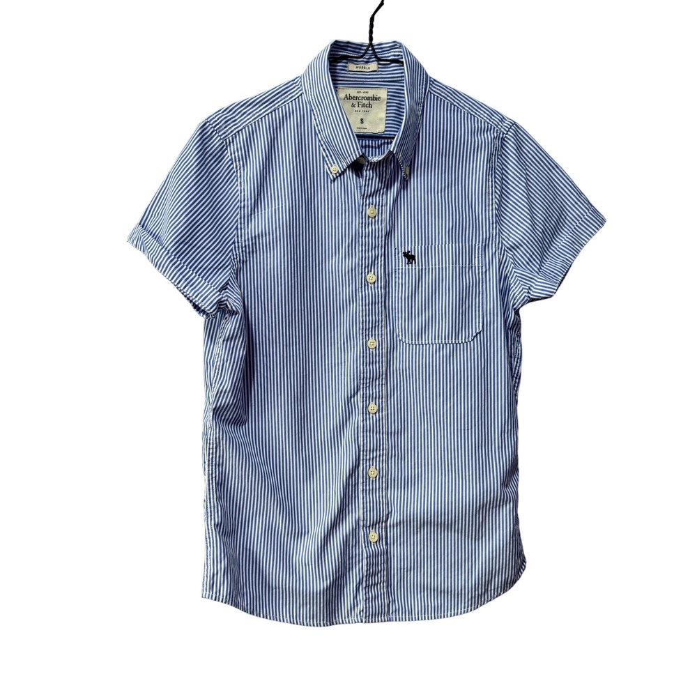 Abercrombie Fitch Mens Blue White Stripe Short Sleeve Button Up Muscle Fit